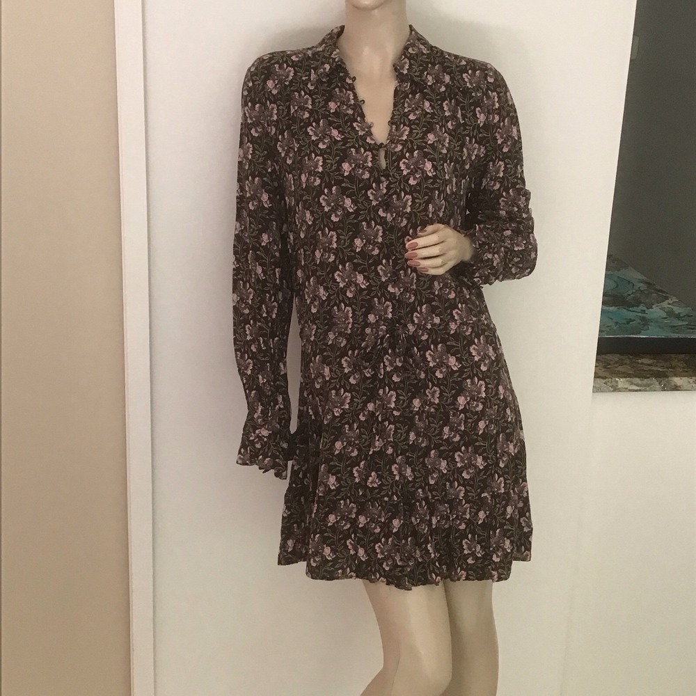 Paige Denisa Storm Cloud Floral Drawstring Drop Waist Boho Mini Dress M